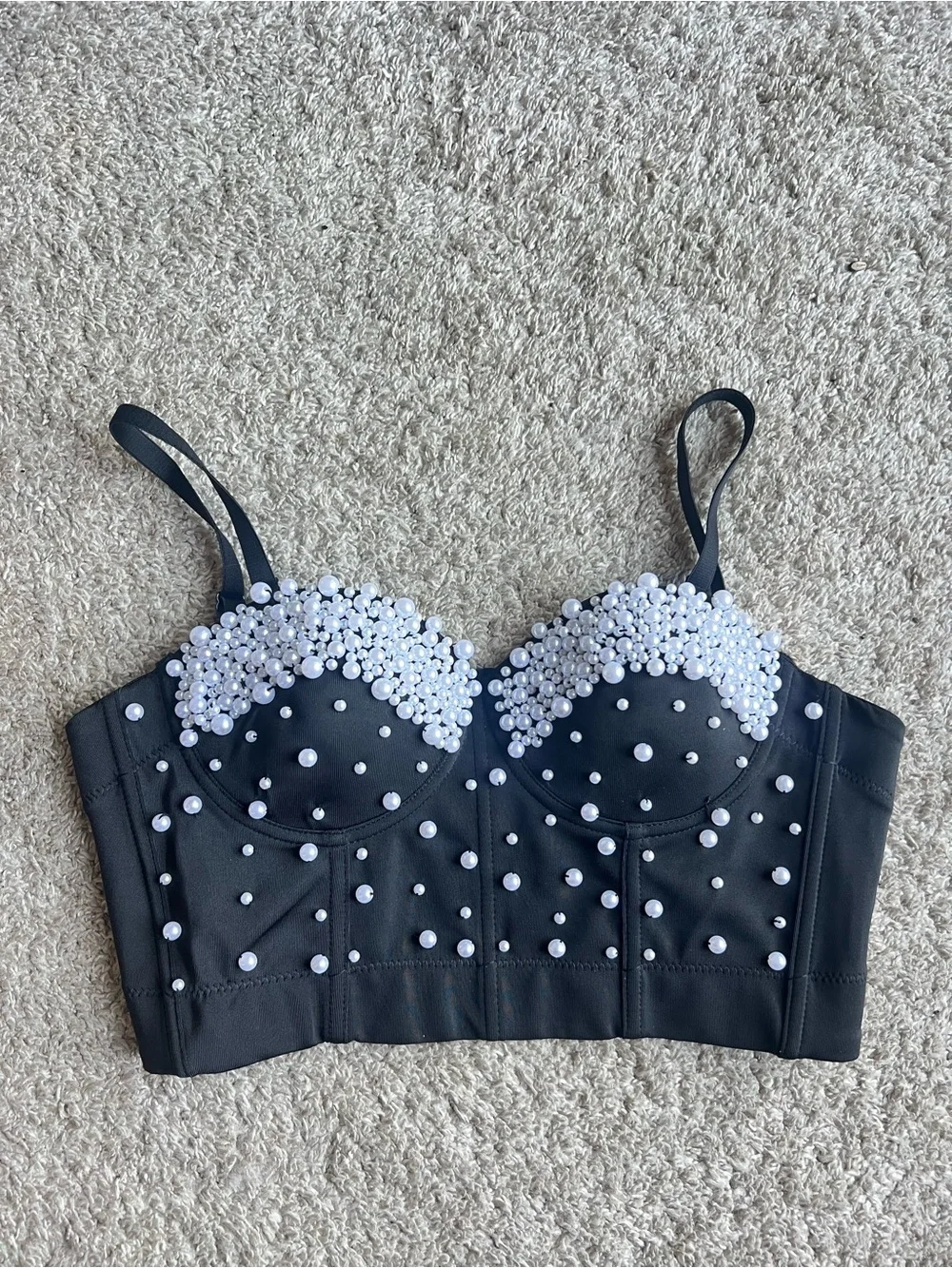 Black Pearl-Embellished Bustier Crop Top. Size Xs